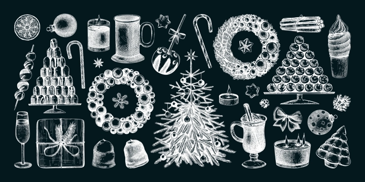 Christmas decoration elements. Hand drawn vector illustrations set. Winter holiday design. Christmas tree decoration, Christmas wreath, hot drinks, candies, cookies, sweets sketches on chalkboard